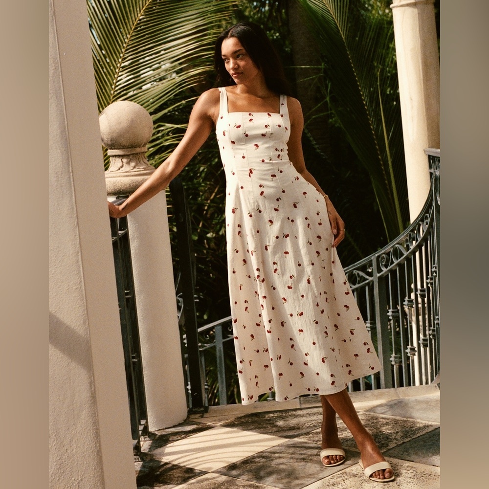 NWT Abercrombie & Fitch Mila Stretch Midi Dress in Cherry Print S